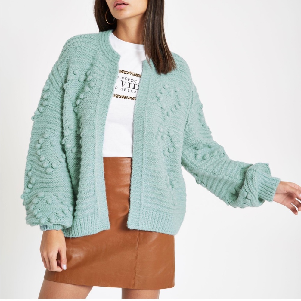 NWT RIVER ISLAND BOBBLE KNIT LONG SLEEVE CARDIGAN TEAL in SIZE M